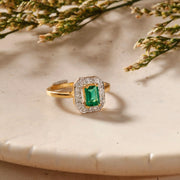 Gold Plated Emerald Cut Green Stone Ring with Rectangular Diamond Halo